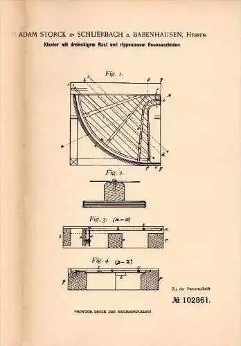 Original Patentschrift - Adam Storck in Schlierbach b. Babenhausen , 1897 , Klavier rippenlosem Resonanzboden !!!