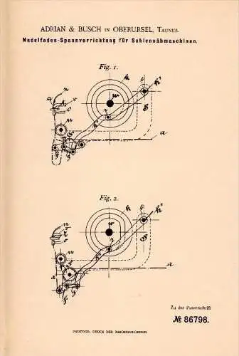 Original Patentschrift - Adrian & Busch in Oberursel , Taunus , 1895 , Sohlen - Nähmaschine , Schuster , Schuhmacher !!!