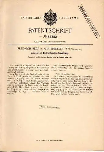 Original Patentschrift - Friedrich Beck in Winterlingen , Württemberg , 1891 , Zahnrad für Spielzeug , Radkranz !!!