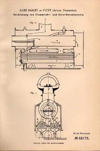 Original Patentschrift - Jules Barlet dans Vitry en Artois , 1891 , Tube de chauffage pour la chaudière moteur !!!