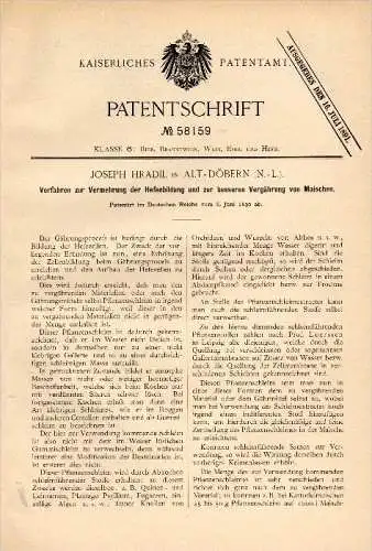 Original Patentschrift -Joseph Hradil in Altdöbern 1890, Hefebildung zur Gährung von Maische , Brauerei , Bier , Alkohol