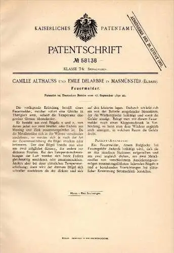 Original Patentschrift - C. Althauss et E. Delarbre dans Masmünster / Masevaux , 1890 , alarme incendie, les pompiers