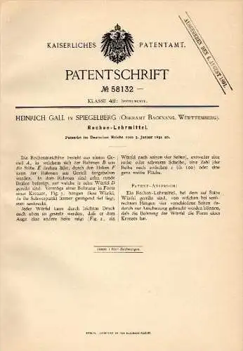 Original Patentschrift - H. Gall in Spiegelberg b. Backnang , 1891 , Rechen - Lehrmittel , Schule , Mathematik , Rechner