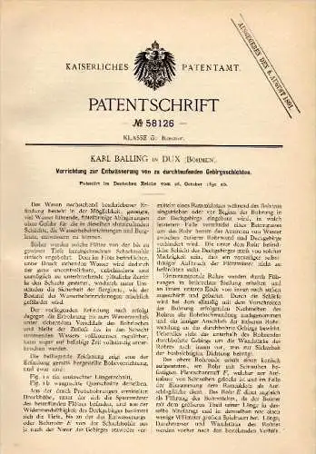 Original Patentschrift - Karl Ballin in Dux / Duchcov , Böhmen , 1890 , Entwässerung von Gebirgsschichten , Bergbau !!!