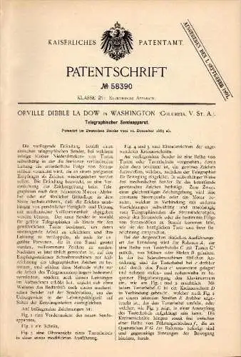 Original Patentschrift - Dibble La Dow in Washington , 1889 , Transmission apparatus for telegraphy , Telegraphie !!!