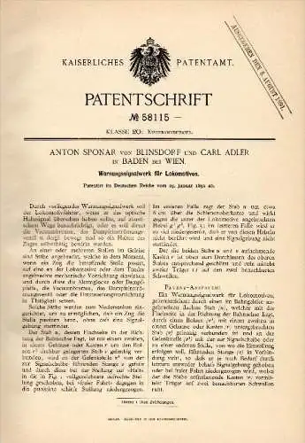 Original Patentschrift - Anton Sponar von Blinsdorf in Baden b. Wien , 1891 , Signalwerk für Lokomotive , Eisenbahn !!!