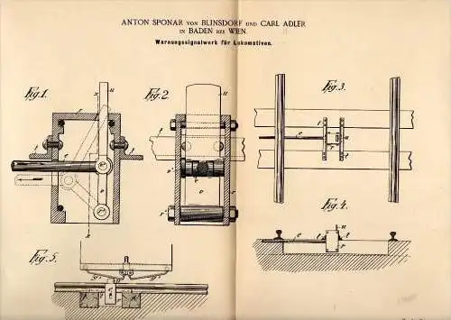 Original Patentschrift - Anton Sponar von Blinsdorf in Baden b. Wien , 1891 , Signalwerk für Lokomotive , Eisenbahn !!!