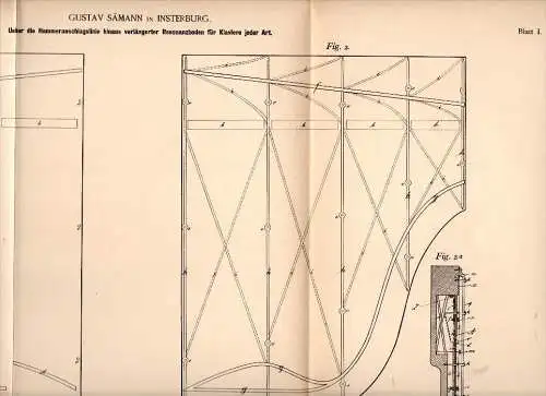 Original Patentschrift - G. Sämann in Insterburg / Tschernjachowsk , 1892 , Klavier - Resonanzboden , Musik !!!