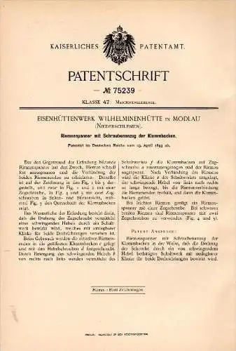 Original Patentschrift - Eisenhüttenwerk Wilhelminenhütte in Modlau / Modla , 1893, Spanner , Gremsdorf / Gromadka