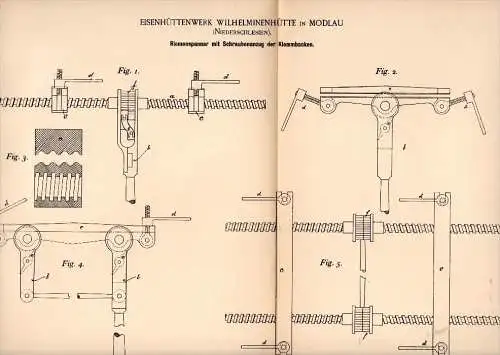 Original Patentschrift - Eisenhüttenwerk Wilhelminenhütte in Modlau / Modla , 1893, Spanner , Gremsdorf / Gromadka