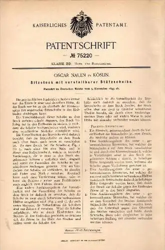 Original Patentschrift -  Oscar Nauen in Köslin / Koszalin , 1893 , verstellbarer Sitzstock , Jagd , Schemel , Cöslin !!