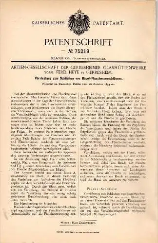 Original Patentschrift - Glashüttenwerke AG ,F. Heye in Gerresheim , 1893 , Bügelverschluß für Flaschen , Glas !!!