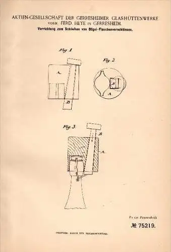 Original Patentschrift - Glashüttenwerke AG ,F. Heye in Gerresheim , 1893 , Bügelverschluß für Flaschen , Glas !!!