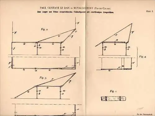 Original Patentschrift - P.G. le Dan dans Ruyaulcourt , Pas de Calais , 1893 , Cadre pour les lits, militaire !!!