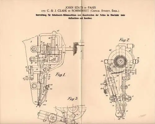 Original Patentschrift - J. Clark in Somerset , Street ,1900, Sewing machine for shoes, shoemaker , J. Keats in Paris !!