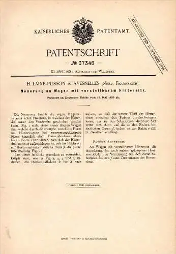 Original Patentschrift -H. Lainé-Plisson dans Avesnelles , Nord,1886, Chariot avec siège réglable, cabine, cheval panier