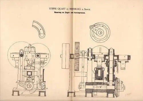 Original Patentschrift - Steph. Quast in Nienburg a.d. Saale , 1886 , Ziegel - und Kohlenpresse , Ziegelei , Kohle !!