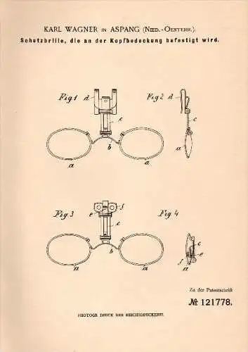 Original Patentschrift - Karl Wagner in Aspang , Niederösterreich , 1900 , Schutzbrille für Jäger , Reiter , Radfahrer !