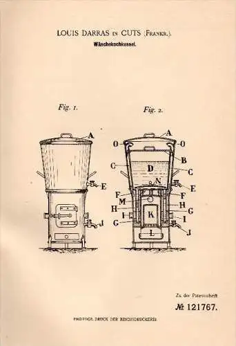 Original Patentschrift - Louis Darras dans Cuts , Oise , 1900 , Chaudière à lavage à chaud !!!