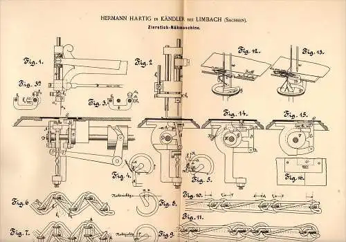 Original Patentschrift - H. Hartig in Kändler b. Limbach i.S. , 1889  , Zierstich - Nähmaschine , Näherei !!!