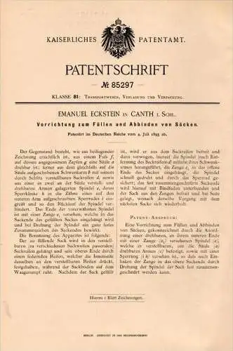 Original Patentschrift -E. Eckstein in Canth / Katy Wroclawskie i. Schlesien ,1895, Apparat für Säcke , Sack ,