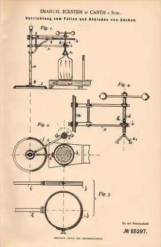 Original Patentschrift -E. Eckstein in Canth / Katy Wroclawskie i. Schlesien ,1895, Apparat für Säcke , Sack ,