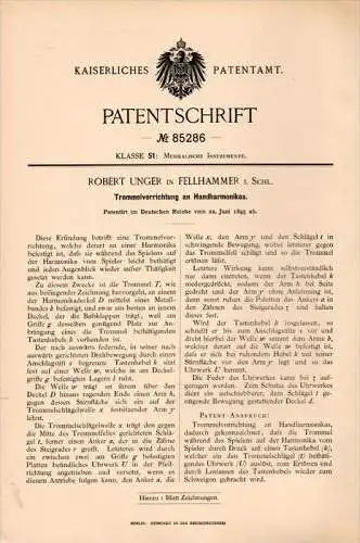 Original Patentschrift - R. Unger in Fellhammer / Ku&#378;nice &#346;widnickie ,1895, Hand - Harmonika , Munharmonika ,