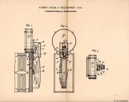 Original Patentschrift - R. Unger in Fellhammer / Ku&#378;nice &#346;widnickie ,1895, Hand - Harmonika , Munharmonika ,