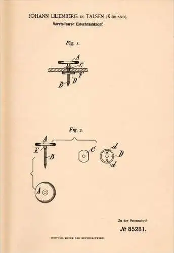 Original Patentschrift - Lilienberg in Talsen / Talsi , Kurland , 1894 , Knopf zum Einschrauben , Kleider , Knöpfe !!!