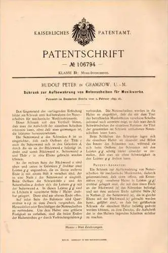 Original Patentschrift - Rudolf Peter in Gramzow , Uckermark ,1899, Schrank für Notenscheiben , Musik , Noten , Prenzlau