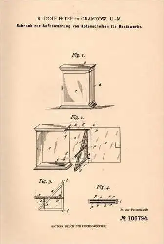 Original Patentschrift - Rudolf Peter in Gramzow , Uckermark ,1899, Schrank für Notenscheiben , Musik , Noten , Prenzlau