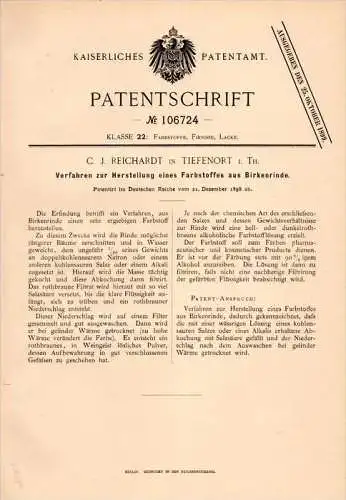 Original Patentschrift - C.J. Reichardt in Tiefenort i. Thüringen , 1898 , Farbstoff aus Birkenrinde !!!