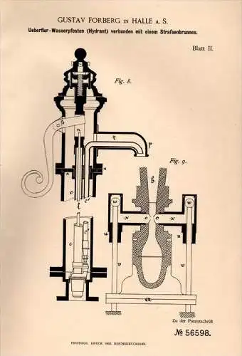 Original Patentschrift - G. Forberg in Halle a.S., 1890 , Hydrant verbunden mit Straßenbrunnen , Brunnen !!!