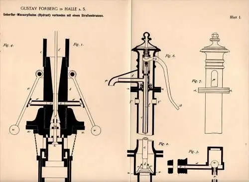 Original Patentschrift - G. Forberg in Halle a.S., 1890 , Hydrant verbunden mit Straßenbrunnen , Brunnen !!!