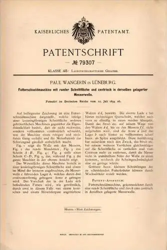 Original Patentschrift - Paul Wangerin in Lüneburg , 1894 , Futter - Schneidmaschine , Landwirtschaft , Agrar, Bauer !!!