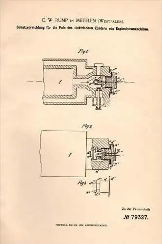 Original Patentschrift - S.W. Rump in Metelen i. Westf., 1894 , Schutz für Zünder von Explosionsmaschinen , Motor !!!