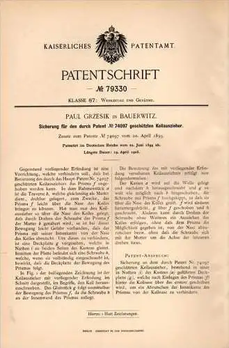 Original Patentschrift - P. Grzesik in Bauerwitz / Baborów , 1894 , Sicherung für Keilauszieher , Werkzeug !!!