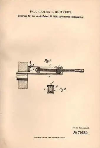 Original Patentschrift - P. Grzesik in Bauerwitz / Baborów , 1894 , Sicherung für Keilauszieher , Werkzeug !!!