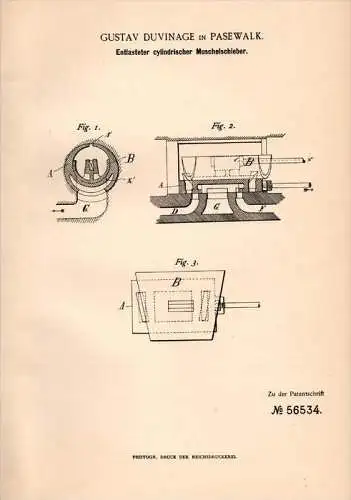 Original Patentschrift - G. Duvinage in Pasewalk i. Meckl., 1890 , Muschelschieber für Dampfmaschine !!!