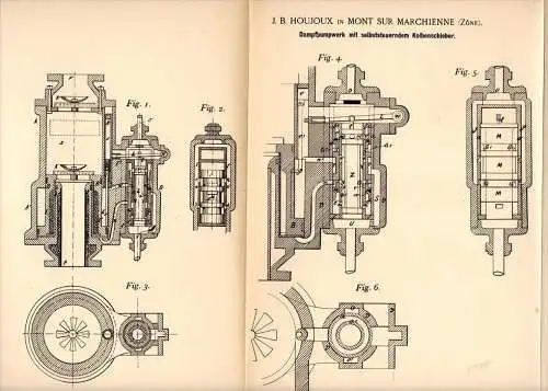 Original Patentschrift - J. Houjoux dans Mont sur Marchienne ,1891, Pompe à vapeur avec contrôle moteur , de la vapeur