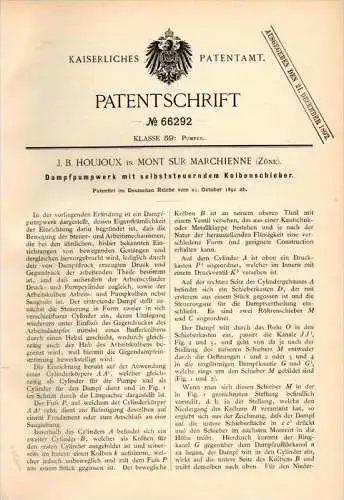 Original Patentschrift - J. Houjoux dans Mont sur Marchienne ,1891, Pompe à vapeur avec contrôle moteur , de la vapeur