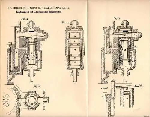 Original Patentschrift - J. Houjoux dans Mont sur Marchienne ,1891, Pompe à vapeur avec contrôle moteur , de la vapeur