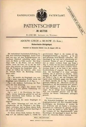 Original Patentschrift - A. Czech in Murow b. Oppeln , 1888 , Steigbügel , Pferde , Sattel , Reiten !!!