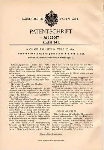 Original Patentschrift - M. Paulsen in Vejle , Denmark , 1901 , Rührapparat für gehacktes Fleisch , Metzger !!!