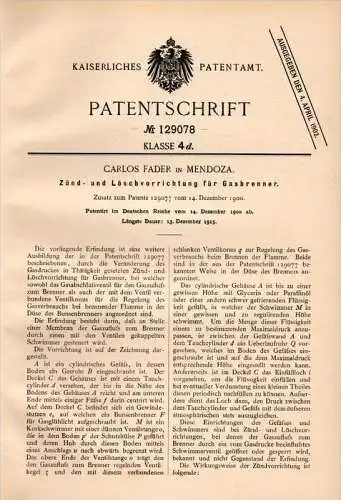 Original Patentschrift - Carlos Fader in Mendoza , 1900 , Zünder für Gasbrenner , Brenner !!!