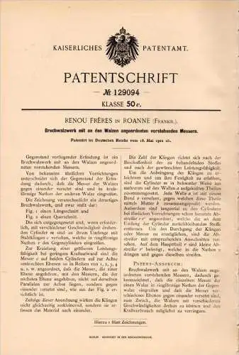 Original Patentschrift - R. Fréres à Roanne , Loire ,1901 , Laminoir de couteaux !!!