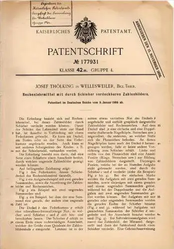 Original Patentschrift - J. Thölking in Wellesweiler b. Neunkirchen , 1906 , Rechenlehrmittel , Mathematik , Schule !!!