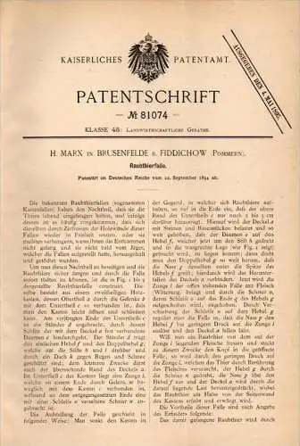 Original Patentschrift - H. Marx in Fiddichow / Widuchowa i. Pommern , 1894 , Raubtierfalle , Jagd , Tier , Falle !!!