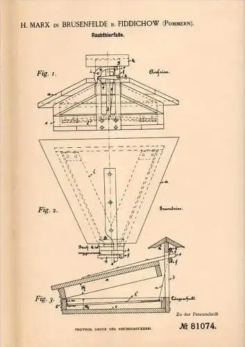 Original Patentschrift - H. Marx in Fiddichow / Widuchowa i. Pommern , 1894 , Raubtierfalle , Jagd , Tier , Falle !!!
