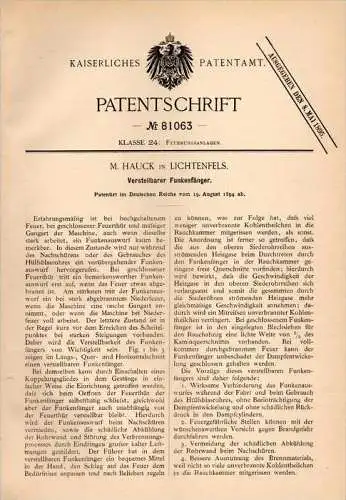 Original Patentschrift - M. Hauck in Lichtenfels i. Bayern , 1894 , verstellbarer Funkenfänger , Feuerung , Heizung !!!